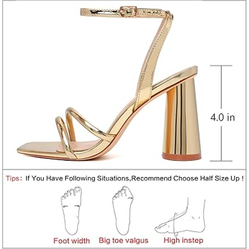 Ribongz Womens 8.5 Shiny Gold Open Toe 4" Chunky Heel Ankle Wrap Sandal Shoes