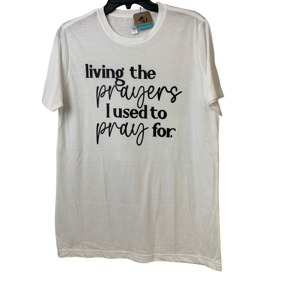 New Hand Printed Womens Medium White Living Prayer Pray PolyCotton Crew Neck Tee