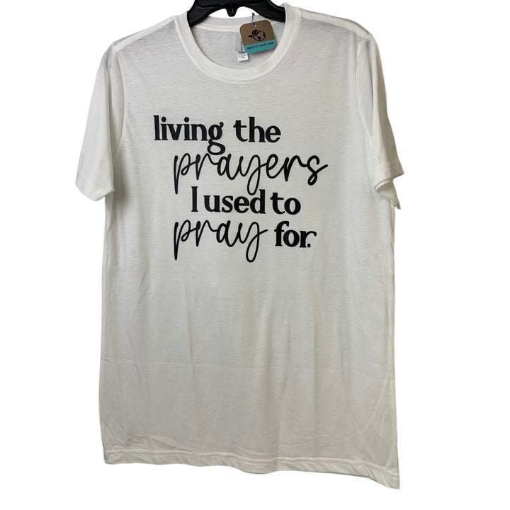 New Hand Printed Womens Medium White Living Prayer Pray PolyCotton Crew Neck Tee