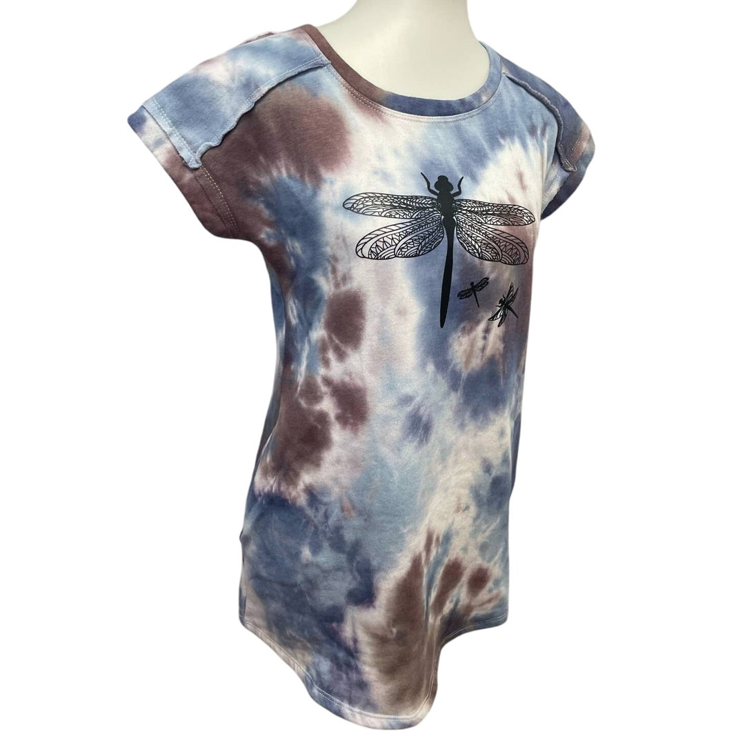 Upcycled Hand Printed Small Dragonfly Short Sleeve Mini Sweatshirt Tie Dye Dress