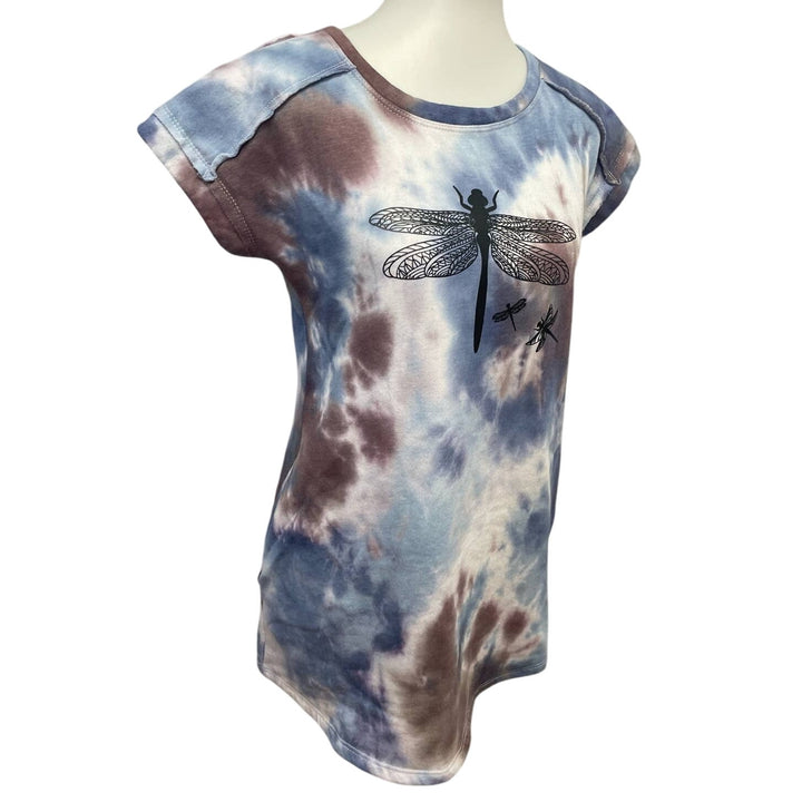 Upcycled Hand Printed Small Dragonfly Short Sleeve Mini Sweatshirt Tie Dye Dress