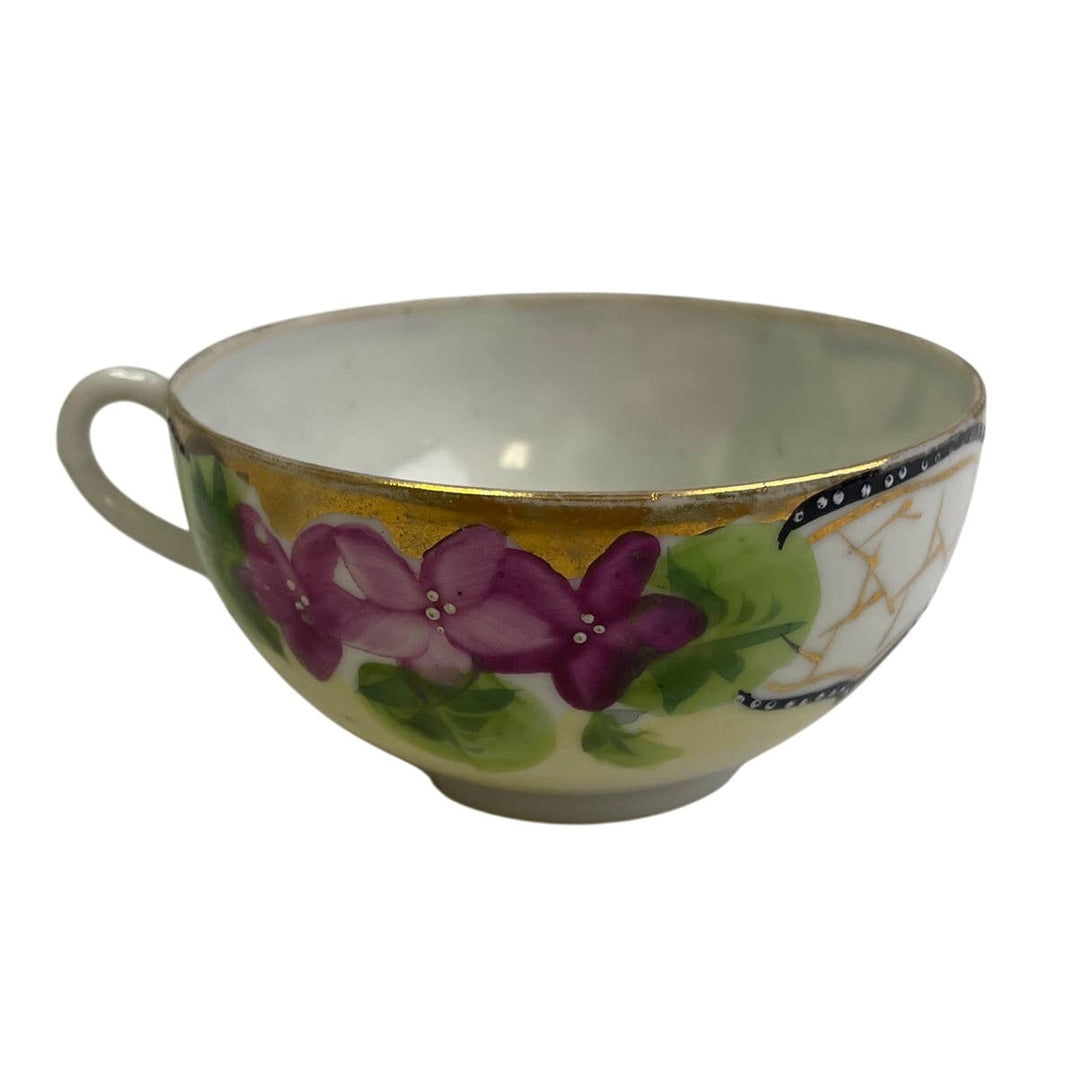 Vintage Hand Painted Nippon Japanese Floral Porcelain Teacup W Saucer
