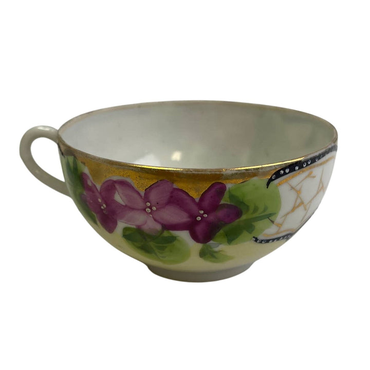 Vintage Hand Painted Nippon Japanese Floral Porcelain Teacup W Saucer