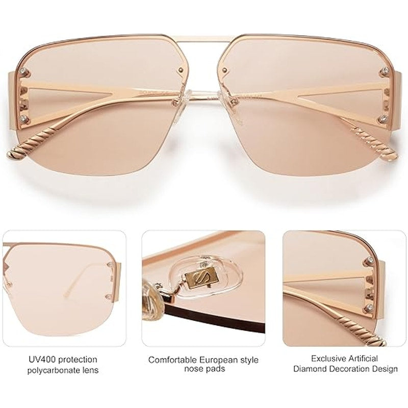 New Sojos Womens Pink Silver Rimless Retro UV Protection Aviator Sunglasses