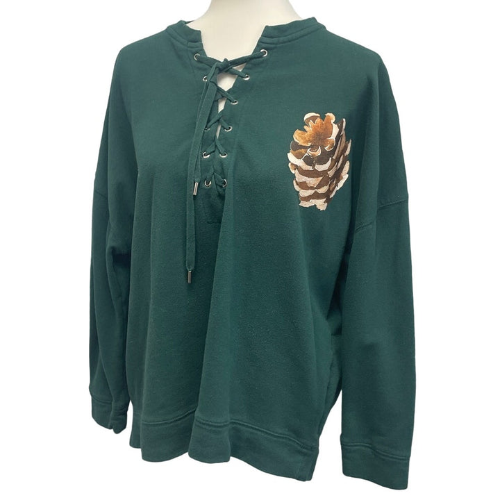 Hand Printed Upcycled Womens 2X Woody Pine Cone Long Sleeve Lace Up Sweatshirt