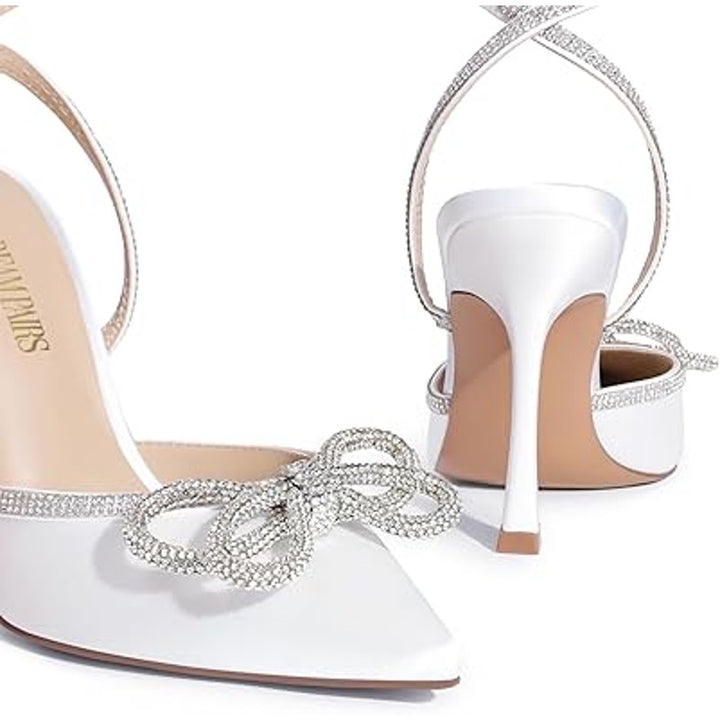Dream Pairs Womens 8.5 White Satin Pointy Toe Silver Rhinestone 4.5" Heel Shoes