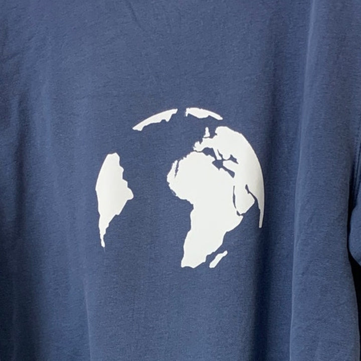 Upcycled Hand Printed Womens Large Blue Save Planet Earth Crew Neck Sweatshirt