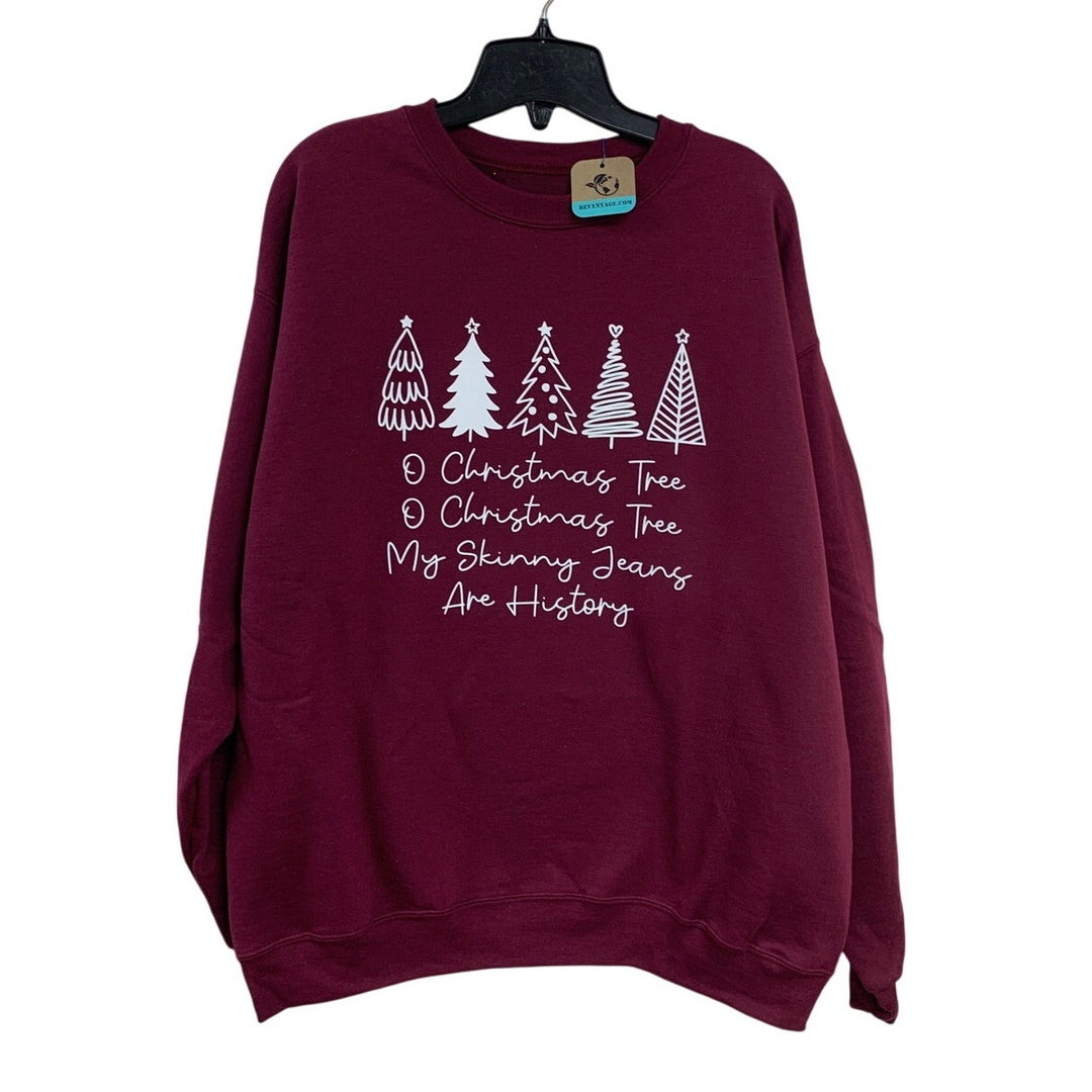 New Upcycled Hand Printed Womens Large Christmas Tree Holiday Sweatshirt