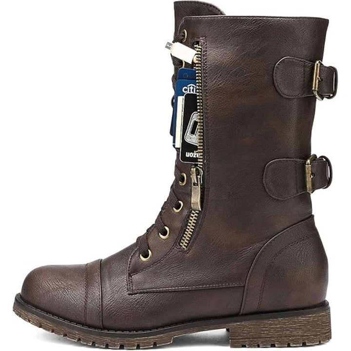 Dream Pairs Womens Size 6 Brown Faux Leather Mid Calf Hidden Wallet Combat Boots