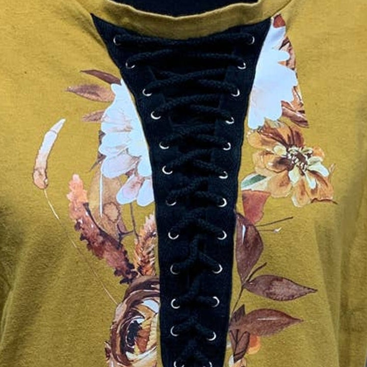 Hand Printed Upcycled Large Fall Leaves Floral Harvest Lace Up Short Sleeve Tee