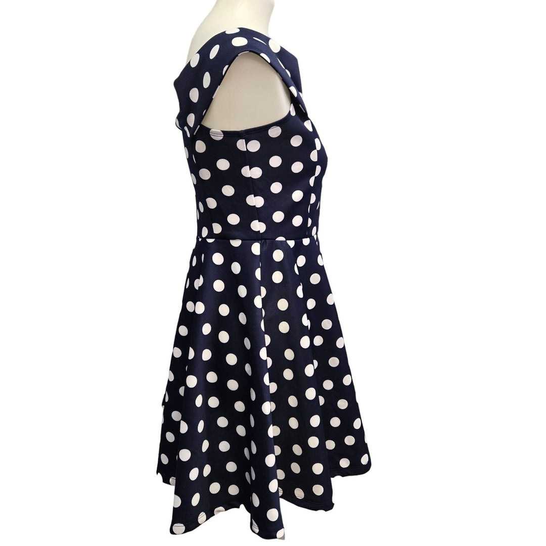New No Boundaries Juniors Large 11/13 Navy Off Shoulder Polka Dot Skater Dress