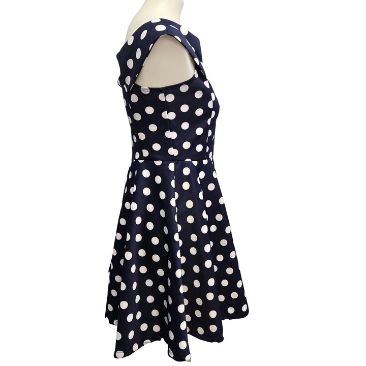 New No Boundaries Juniors Large 11/13 Navy Off Shoulder Polka Dot Skater Dress