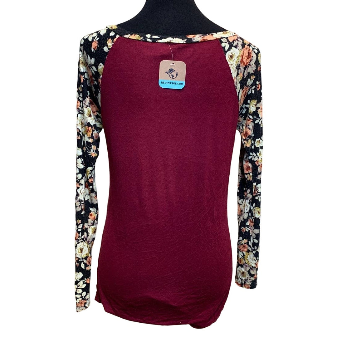 Hand Printed Upcycled Small Dragonfly Soft Long Sleeve Floral Raglan Tee Blouse