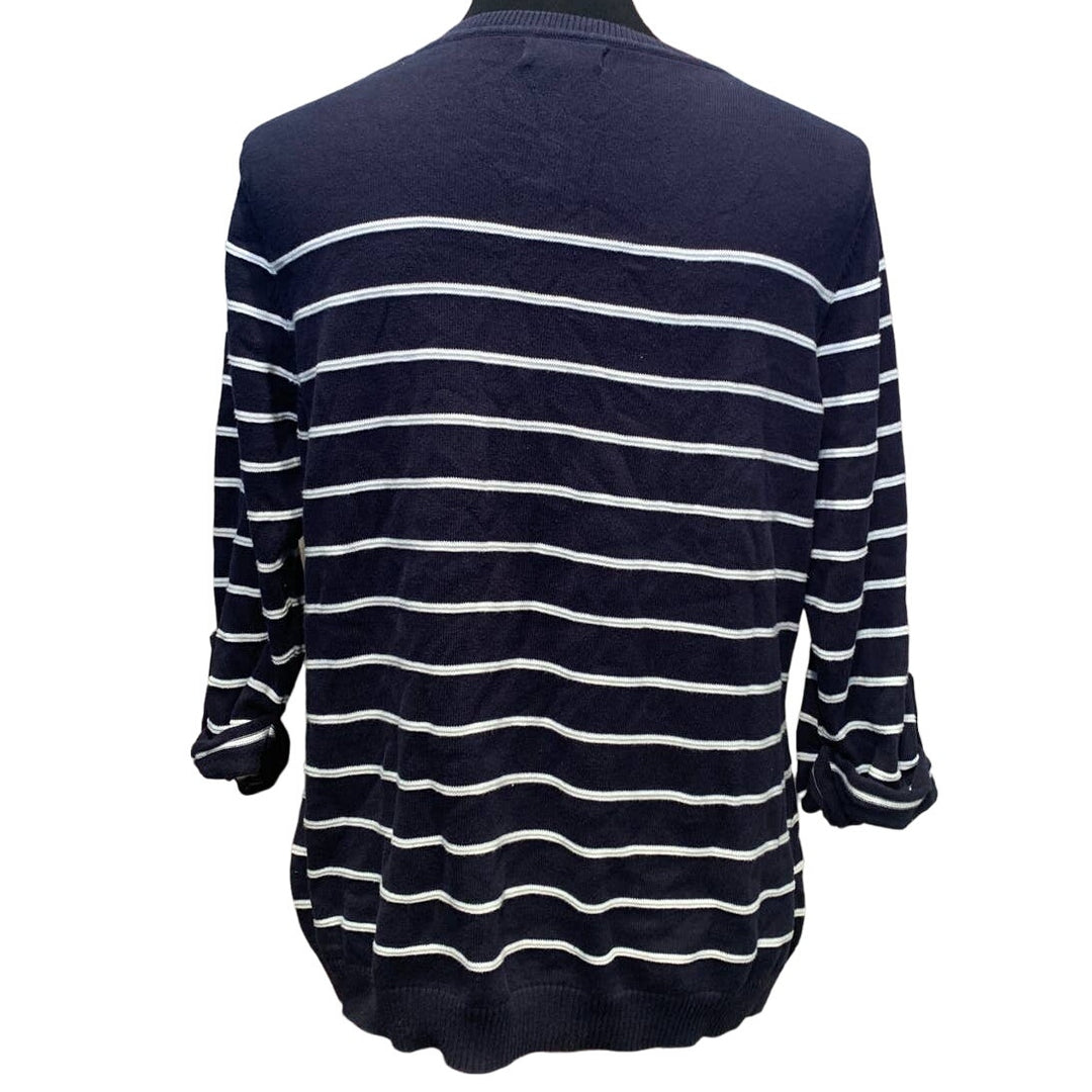 Croft &amp; Barrow XL 100% Cotton 3/4 Sleeve Crew Neck Navy Blue Striped Sweater