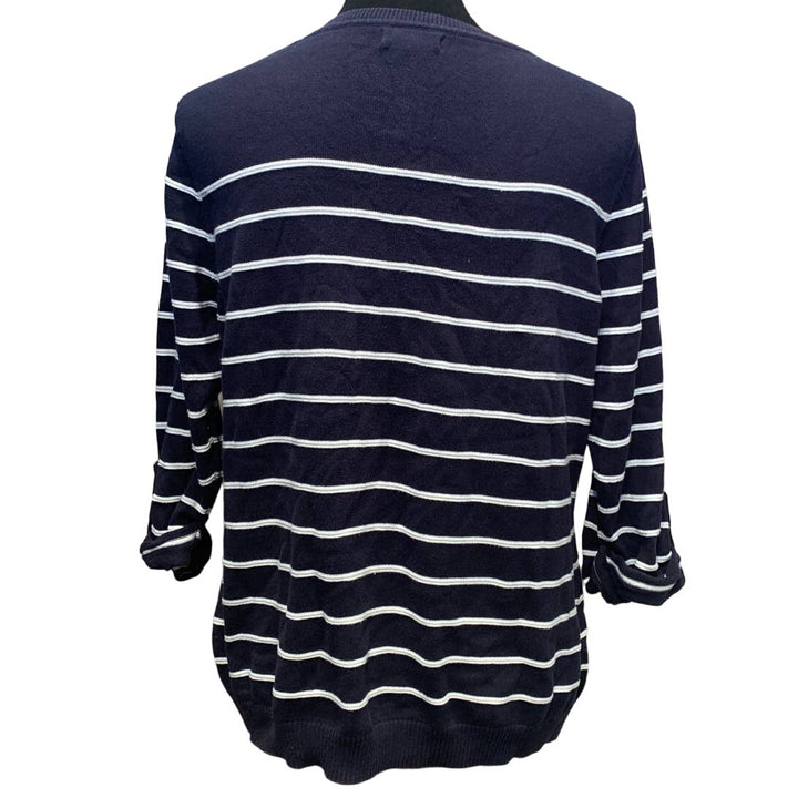 Croft &amp; Barrow XL 100% Cotton 3/4 Sleeve Crew Neck Navy Blue Striped Sweater