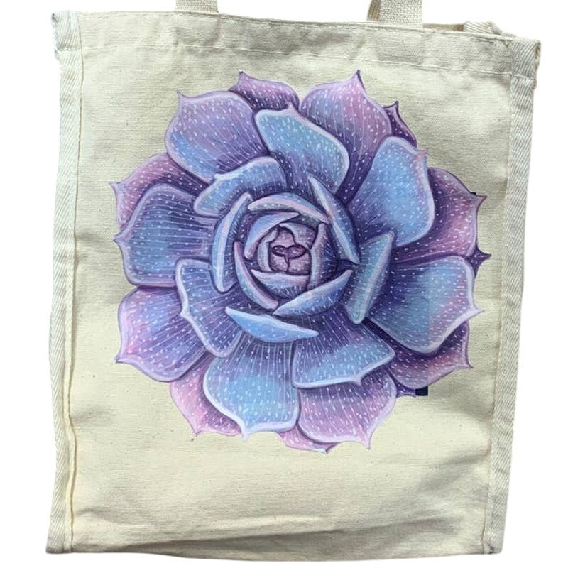 Hand Printed Upcycled Purple Succulent Cactus Rose Flower Small Canvas Tote Bag