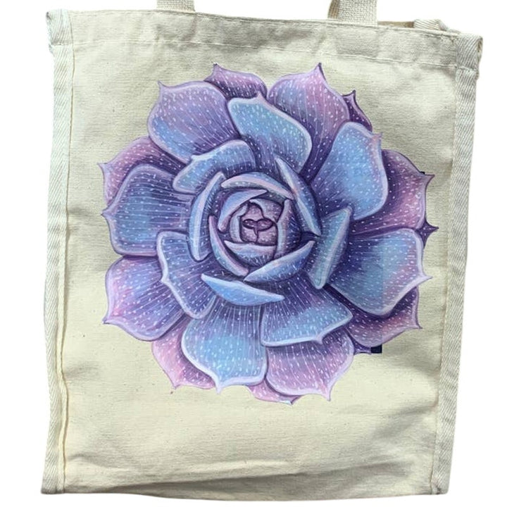 Hand Printed Upcycled Purple Succulent Cactus Rose Flower Small Canvas Tote Bag