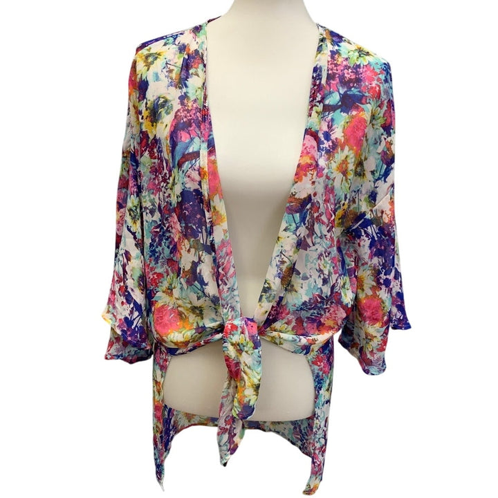 MOD Womens Medium Bright Floral Lightweight Flowy Front Tie Long Sleeve Coverup