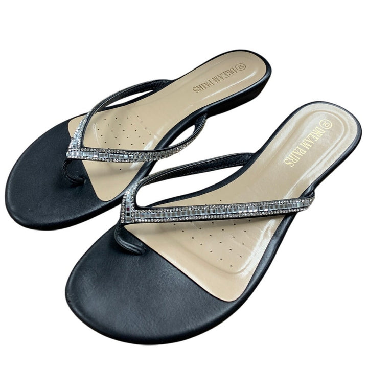 Dream Pairs Womens Size 10 Black SIlver Rhinestone 1.25" Wedge Heel Sandals