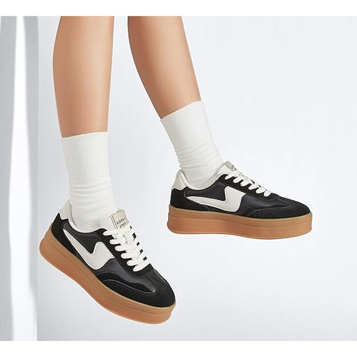 Lucky Step Womens Size 7 Black Platform Genuine Leather Classic Sneakers Shoes