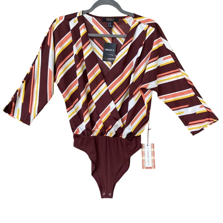 NWT New Forever 21 Womens XS Striped Long Sleeve Snap Closure Bodysuit