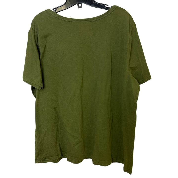 Upcycled Hand Printed Womens Size 1X Floral V Neck Short Sleeve Olive Tee Shirt