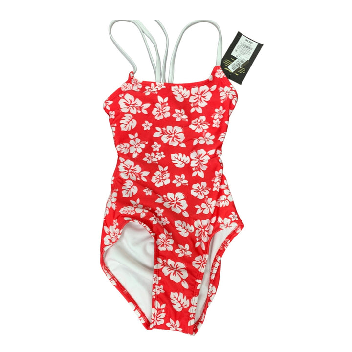 New Art Class Girls Large (10/12) Tropical Red White Floral 1PC Swim Swimsuit