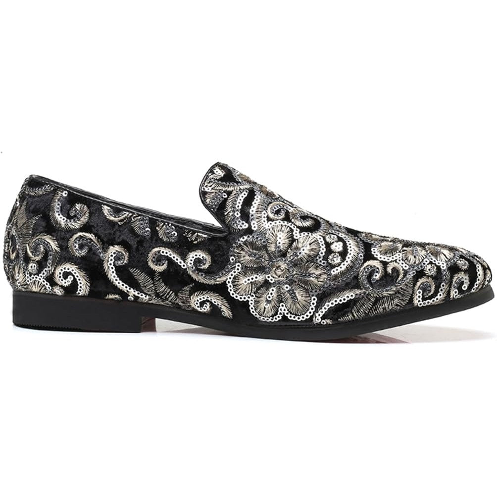 Venshine Mens Size 9.5 Black Velvet Silver Sequin Slide On Formal Loafer Shoes