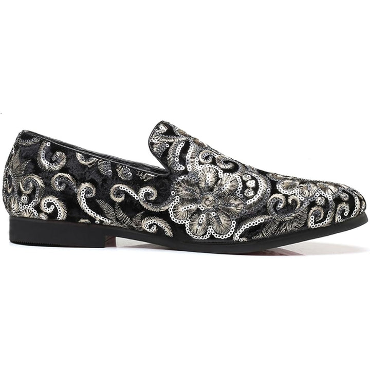 Venshine Mens Size 9.5 Black Velvet Silver Sequin Slide On Formal Loafer Shoes