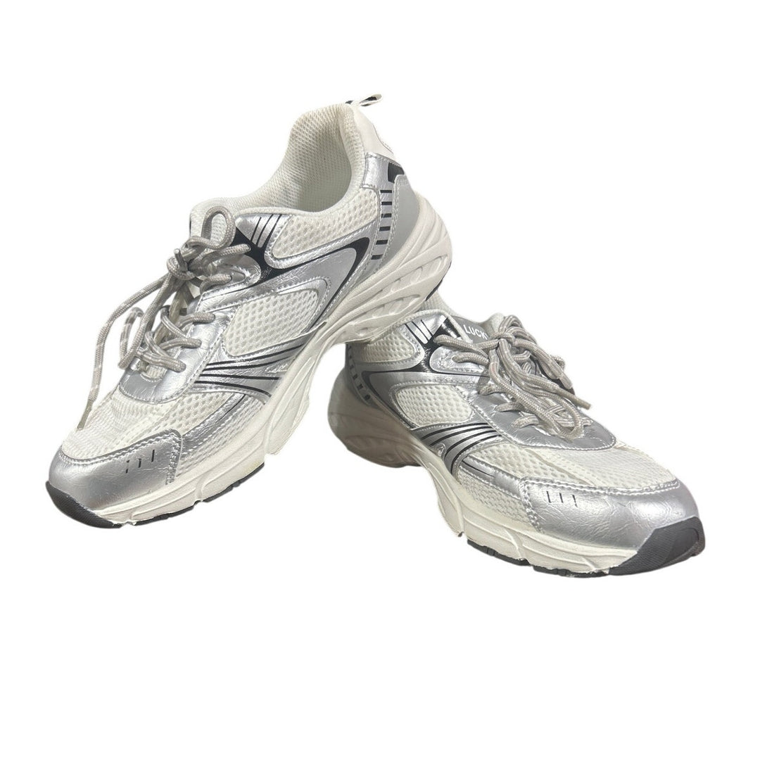 Lucky Step Womens Size 9 White Silver Mesh Lace Up Air Cooled Athletic Shoes