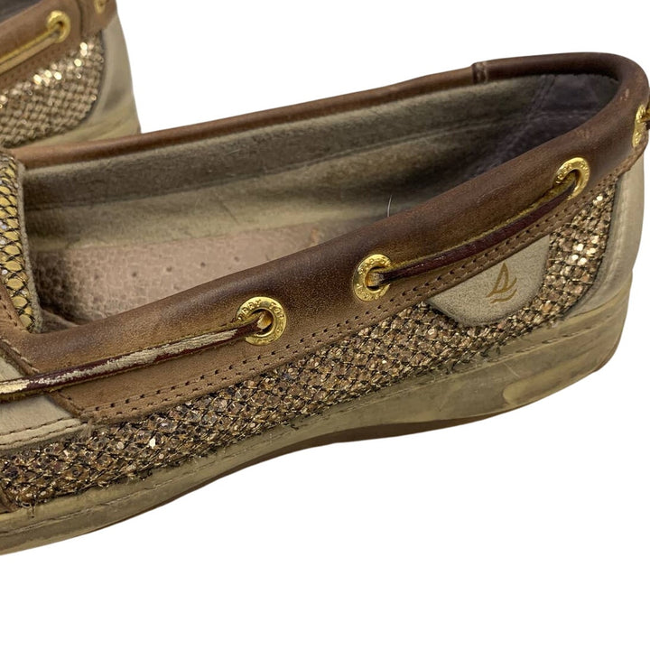Sperry US 9.5 Sparkle Gold Tan Leather Topsiders Slip On Boat Shoes Loafers