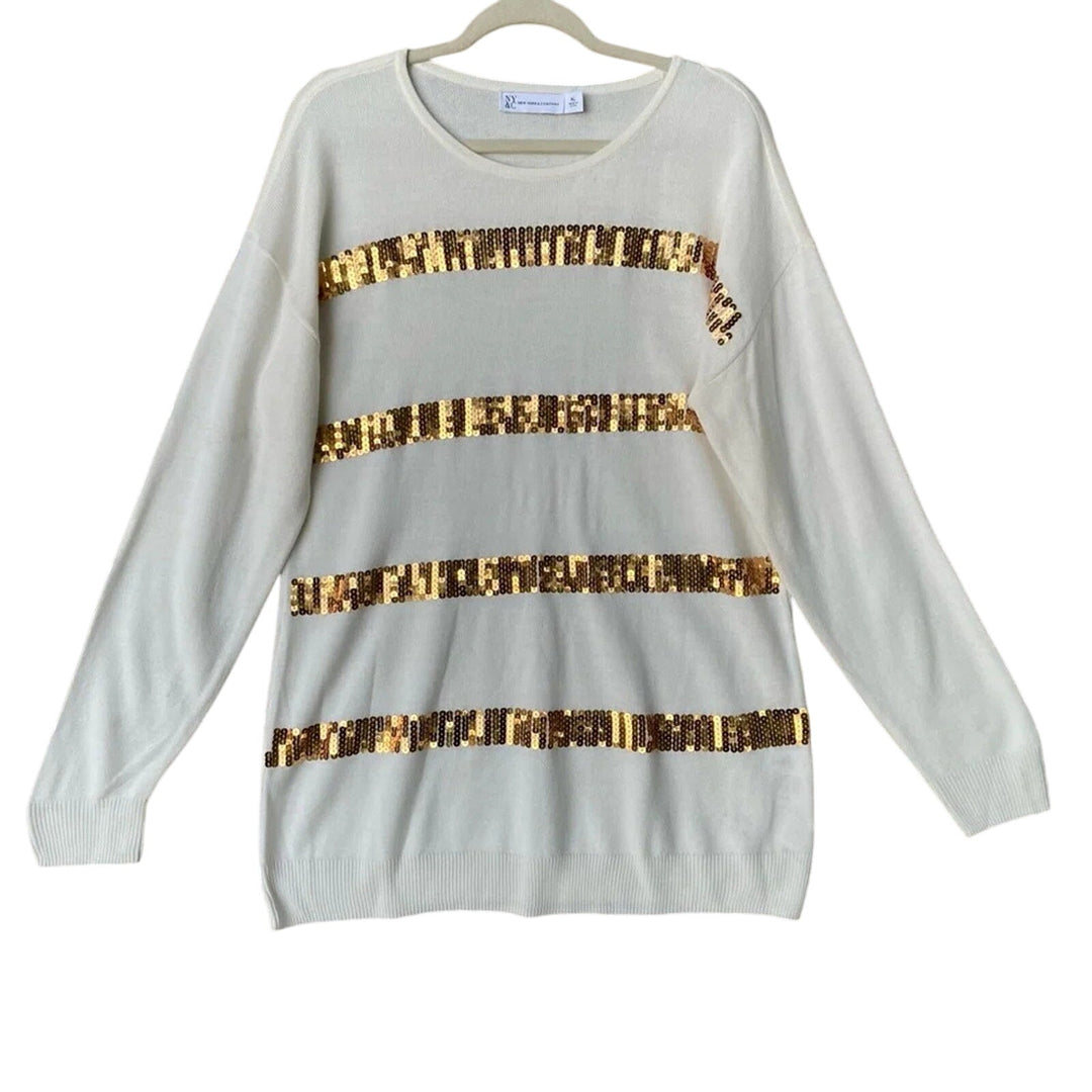 NWT New York &amp; Company Womens XL Gold Sequin Stripe Long Sleeve Knit Sweater