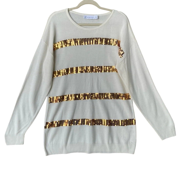 NWT New York &amp; Company Womens XL Gold Sequin Stripe Long Sleeve Knit Sweater