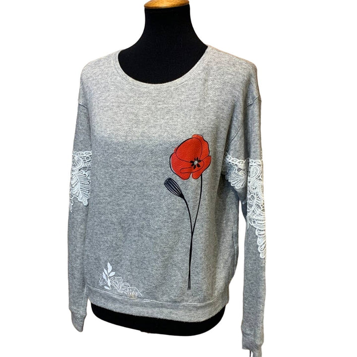 Hand Printed Upcycled Small Red Poppy Flower PolyCotton Long Sleeve Sweatshirt