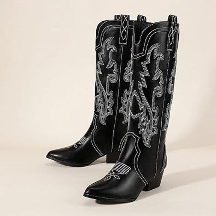 Idifu Womens Size 7 Black Faux Leather Embroidered 2.5" Block Heel Cowboy Boots