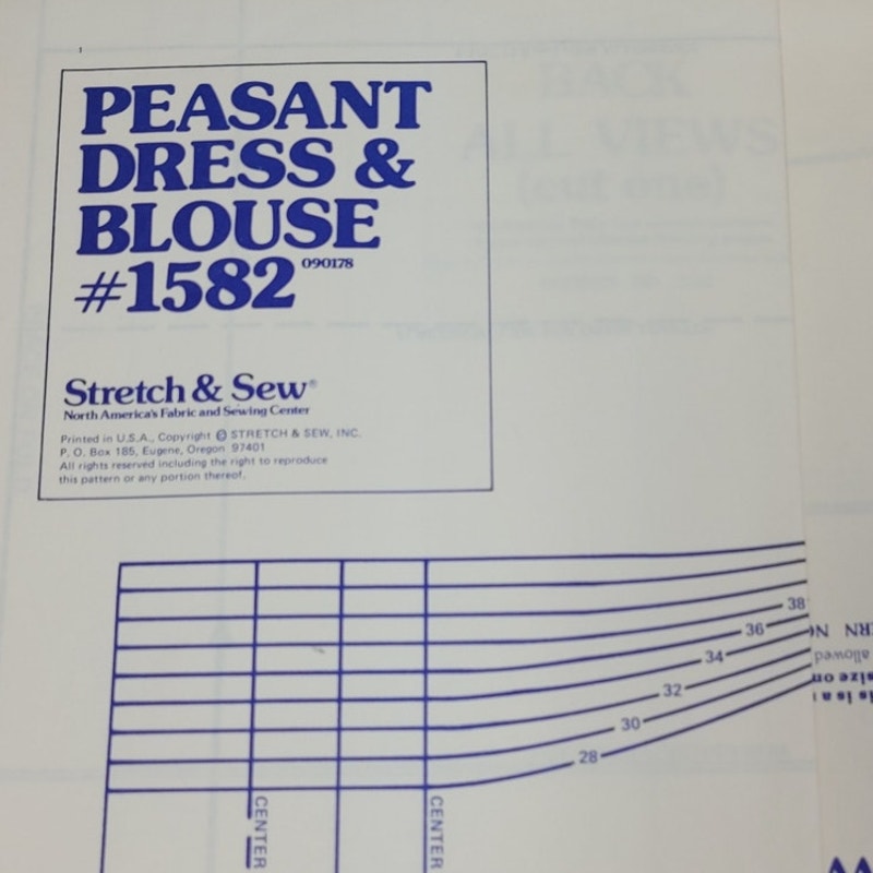 1978 Stretch &amp; Sew 1582 Peasant Dress &amp; Blouse Sewing Pattern, Complete &amp; Uncut