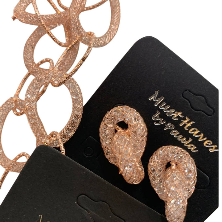 New Chain Link Earrings Necklace Rose Gold Wedding Jewelry Set in Red Gift Box
