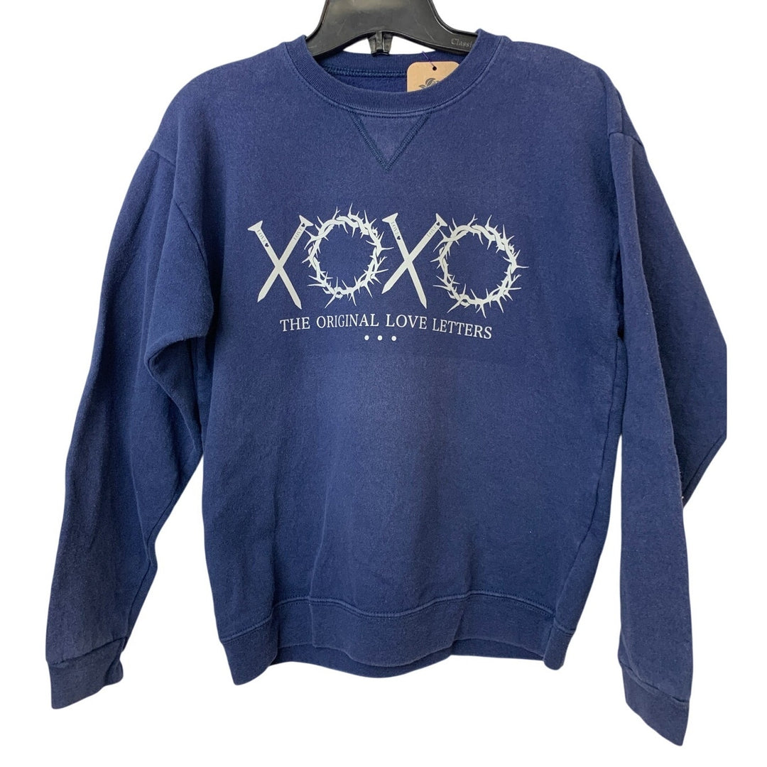 Upcycled Hand Printed Girls Large 12/14 Navy Jesus Easter Love Letter Sweatshirt