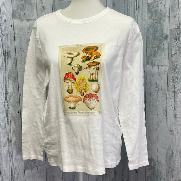 Hand Printed Upcycled Womens XL Vintage Reference Book Mushroom Fungi Long Tee