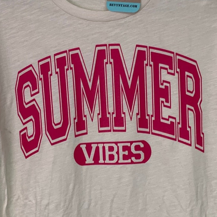 New Upcycled Hand Printed Womens Medium Summer Vibes Crew Neck Tee Shirt