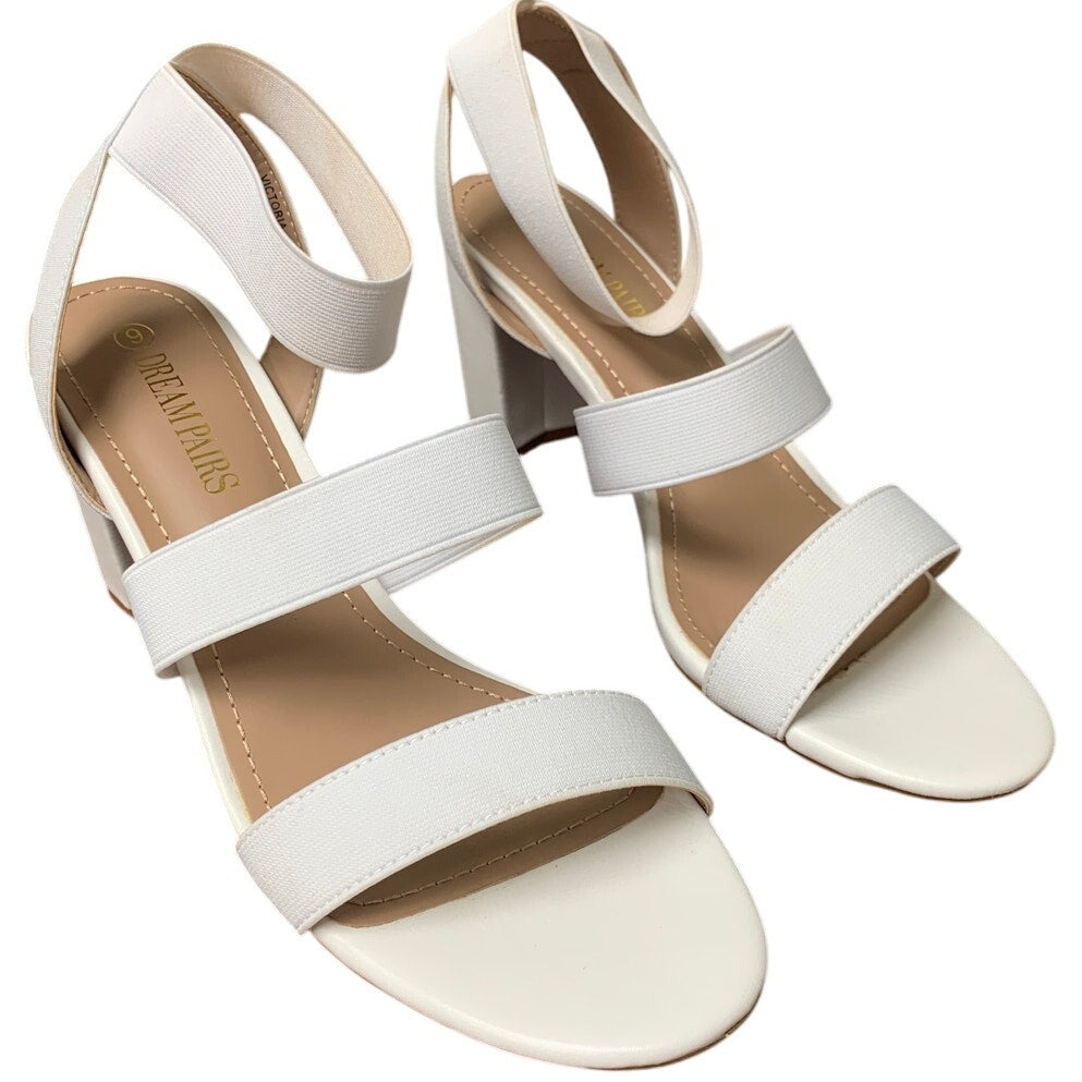 Dream Pairs Womens 9 White Elastic Ankle Strap 3.5" Block Heel Open Toe Shoes
