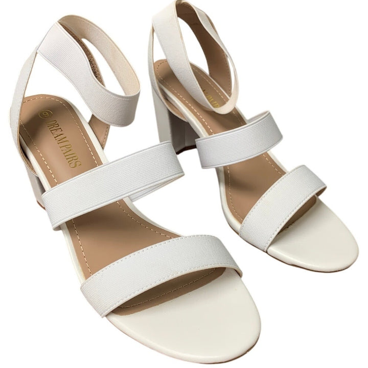 Dream Pairs Womens 9 White Elastic Ankle Strap 3.5" Block Heel Open Toe Shoes