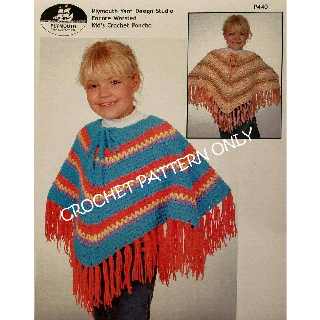 NWT Plymouth Yarn P440 Encore Worsted Child Fringed Poncho Crochet Pattern