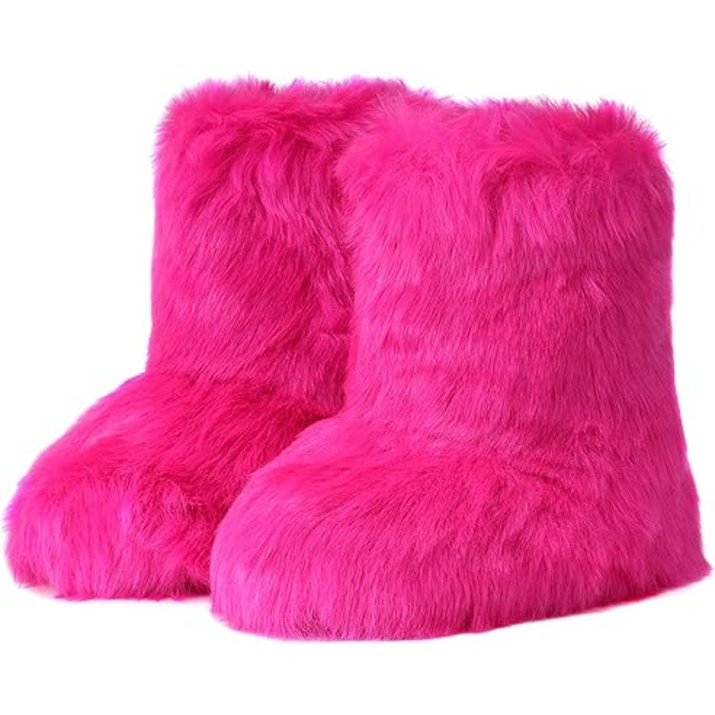 New Womens Size 9.5 Pink Faux Fur Boots Fuzzy Pull On Warm Winter Boot Shoes