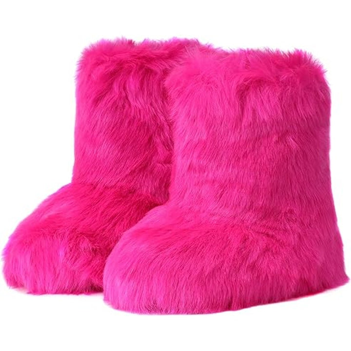 New Womens Size 9.5 Pink Faux Fur Boots Fuzzy Pull On Warm Winter Boot Shoes
