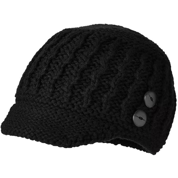New Eddie Bauer Womens Black Acrylic Lined Warm Covey Beanie Hat Cap w Buttons