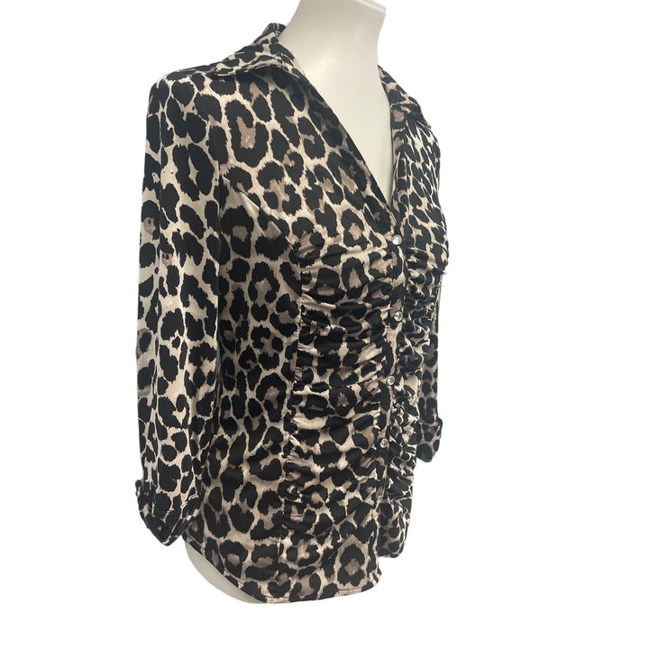 INC Womens Medium Button Front Long Tabbed Sleeve Leopard Print Blouse