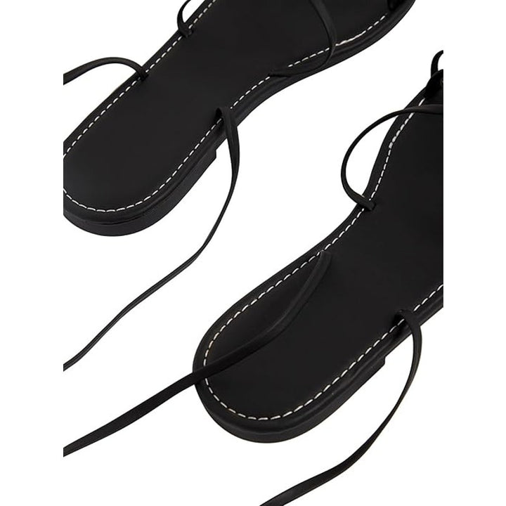 Gorglitter Womens Size 10.5 Black Faux Leather Gladiator Ankle Wrap Flat Sandals