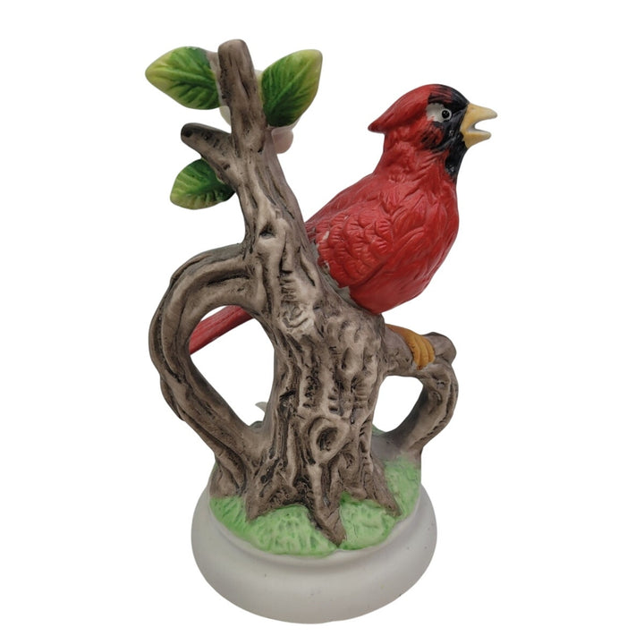 Vintage 1990s Red Cardinal Bird on Tree w Flower Ceramic Collectible Figurine
