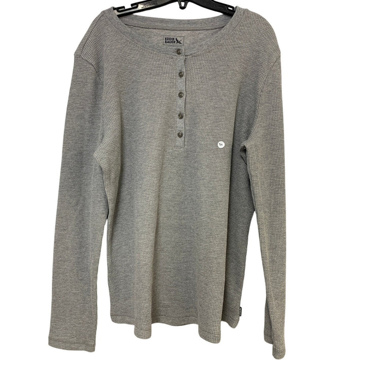 New Eddie Bauer Womens TXL XL Tall Heathered Gray Long Slv Waffled Henley Shirt